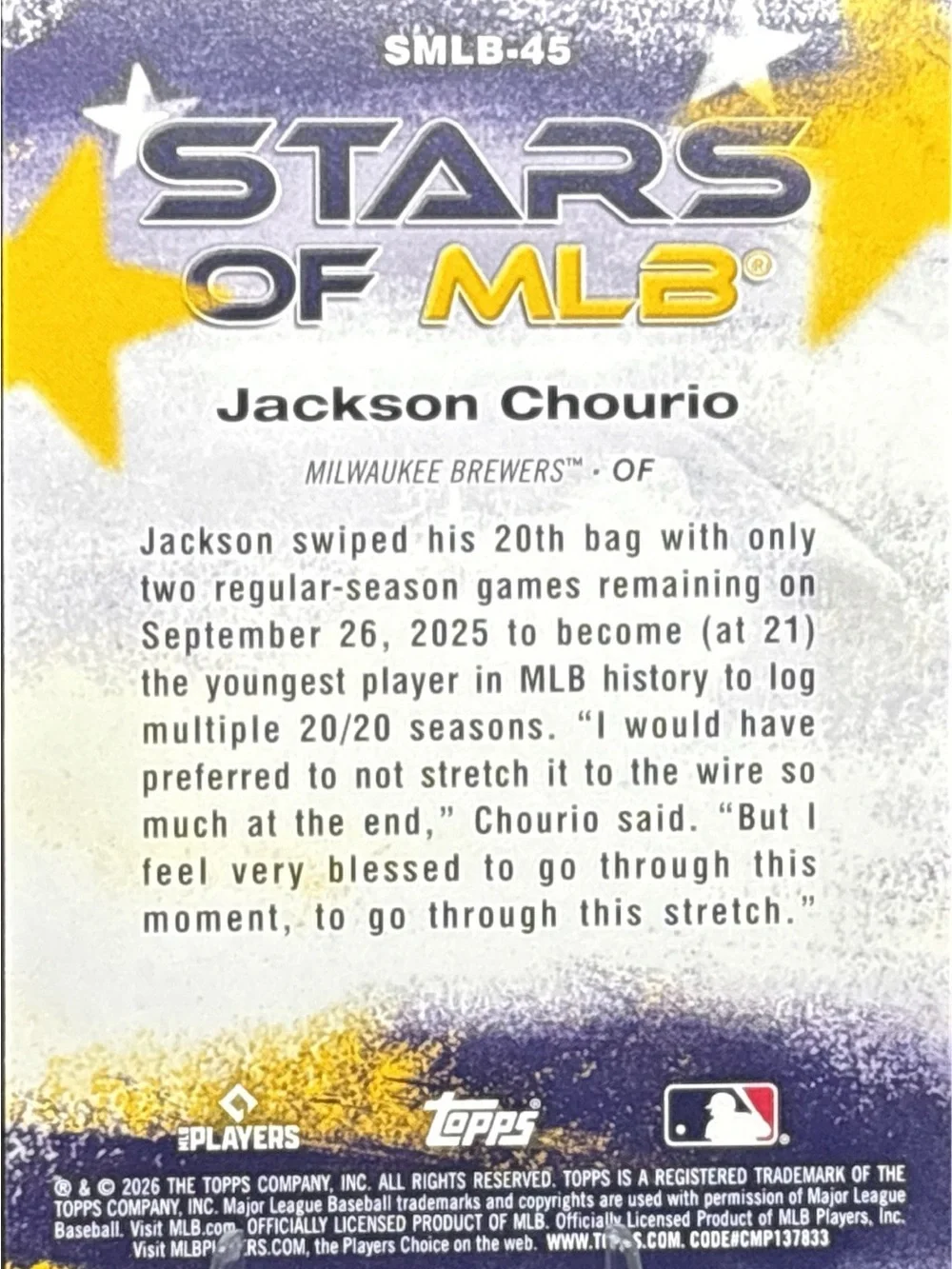Topps Milwaukee Brewers Jackson Chourio Baseball Card - Stars of MLB